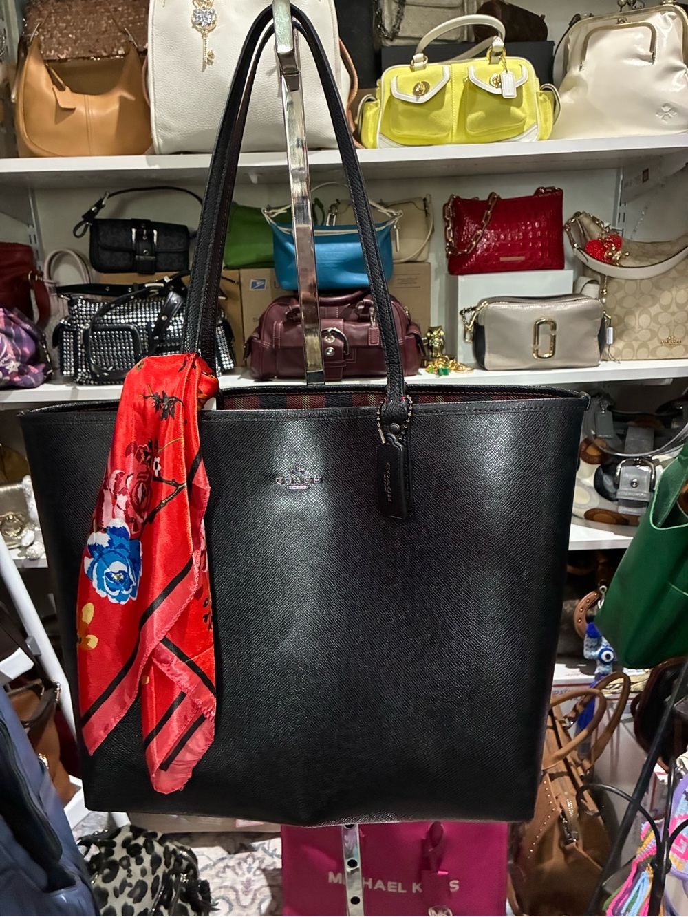 Coach Black Leather Tote with Red Floral Scarf Accent- Reversible set